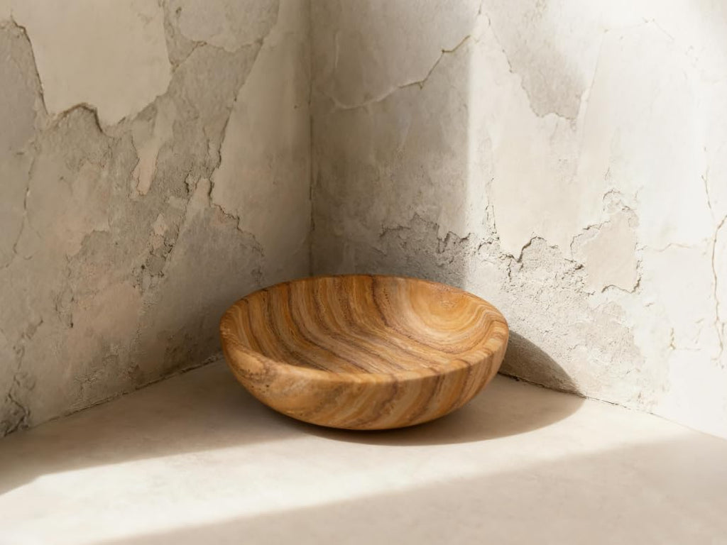 Handmade Travertine Bowl Unique Pattern Natural Stone Centerpiece Bowl, 7.8" Decorative Key & Fruit Bowl for Bohemian