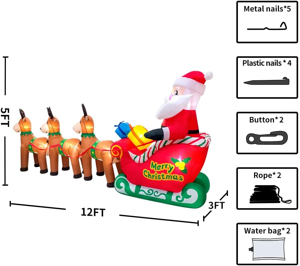 12FT Christmas Inflatables Santa Claus on Sleigh with Reindeer Deer Merry Christmas Winter Blow up Yard Décor LED