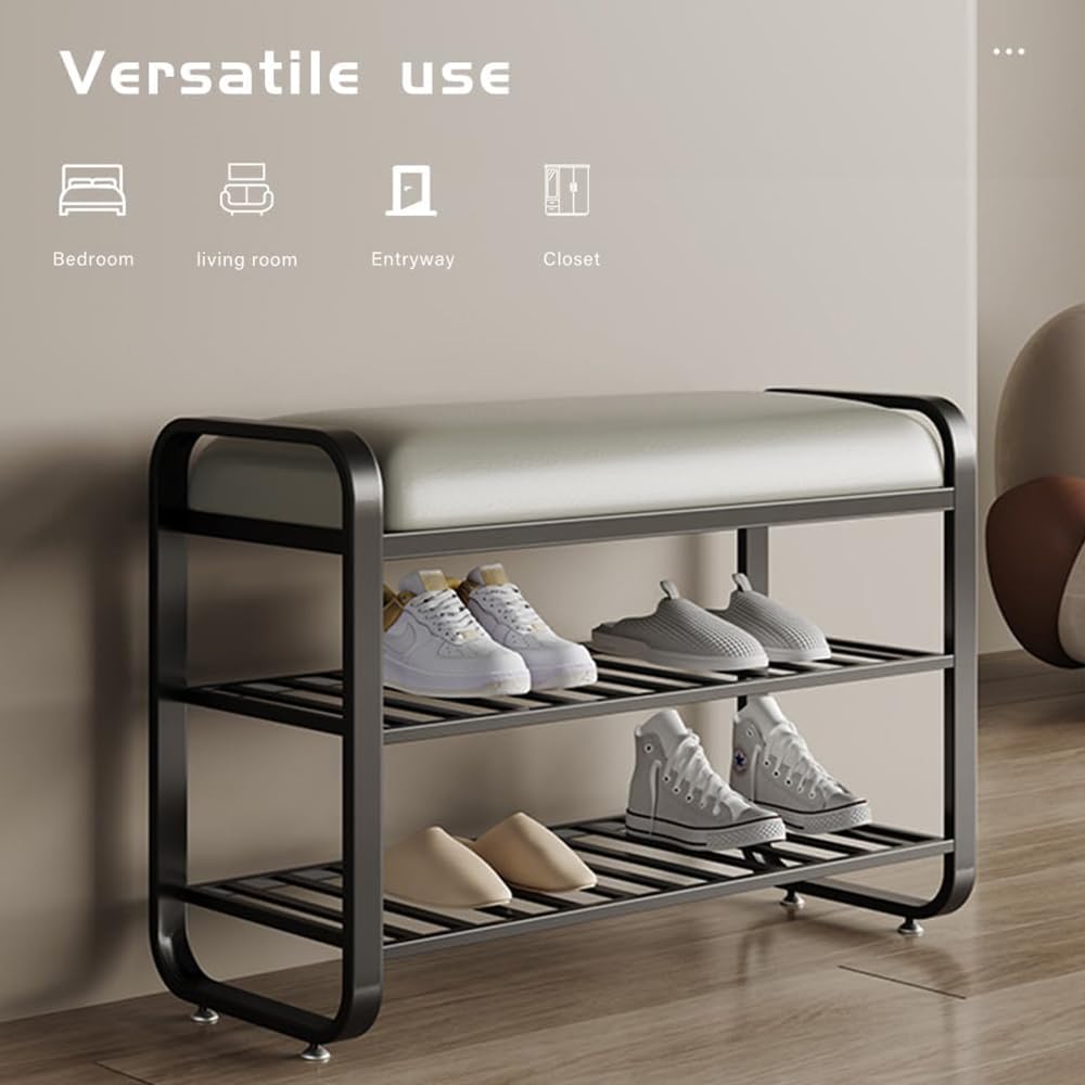 Shoe bench, entryway bench with shoe storage, modern shoe rack bench with cushion upholstered padded seat 3 Tier metal