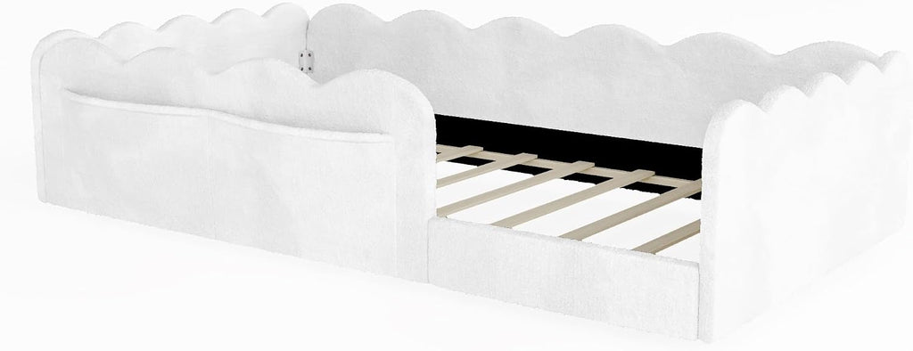 Upholstered Floor Bed with Side Storage Pockets, Bed Frame, White