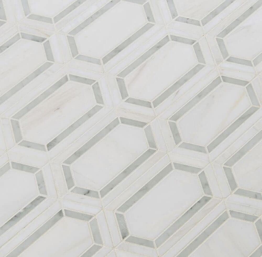 Corinto Bianco Dolomite with Grey Hexagon Picket Pattern Marble Mosaic Floor and Wall Tile Backsplashes, Fireplace