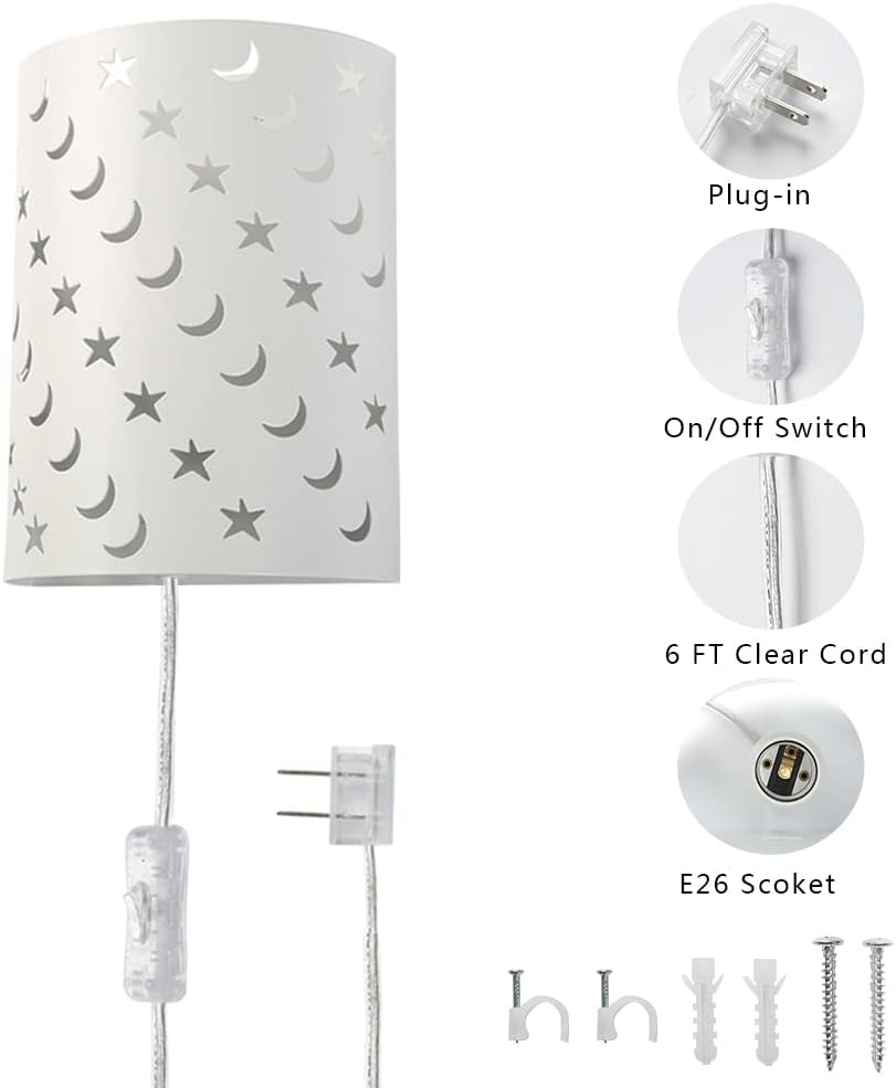 Plug In Wall Sconce Stars and Moons Kids Wall Lamp, Nursery Baby Room Wall Light with 6FT Plug in Cord On/Off Switch