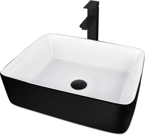 Ceramic Bathroom Sink, Black and White 19" x 15" Above Counter Porcelain Vessel Sink with Black Faucet and Pop up
