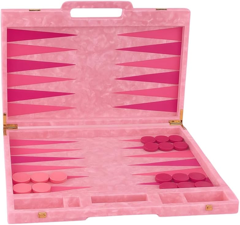 Luxury Backgammon Set, Board Game with Dust Bag, Marbled Pink with Gold Hardware, Acrylic Material, 14", Complete - Set of 30