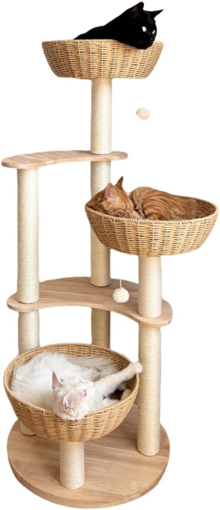 54" Large Modern Cat Trees, Luxury Rattan Oak Solid Wood Cat Trees Towers, 3 Weaving Cat Nests & Washable Cool