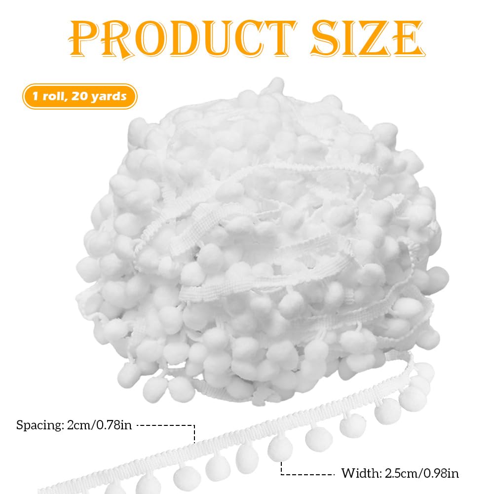 White Pom Pom Ball Fringe Trim 1 Inch Wide Sewing Ribbon for DIY Crafts Pillow Clothing Home Decoration - 20 Yards
