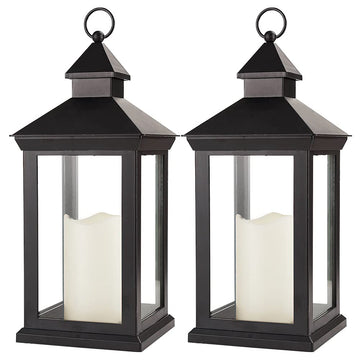 Zeal 2-Pack 14" Decorative Candle Lantern Black Outdoor Lanterns with Timer Candles - IP44 Waterproof Vintage