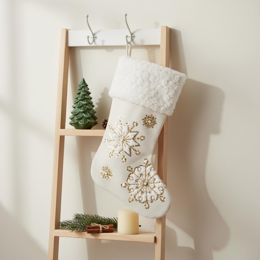 18 Inch Snowflake Christmas Stocking, Gold Décor