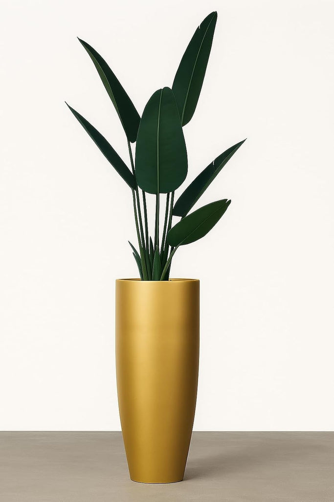 Tall 36" Gold Fiberglass Planter - Large Modern Lightweight Tapered Round Indoor/Outdoor Elegant Decorative Pot for