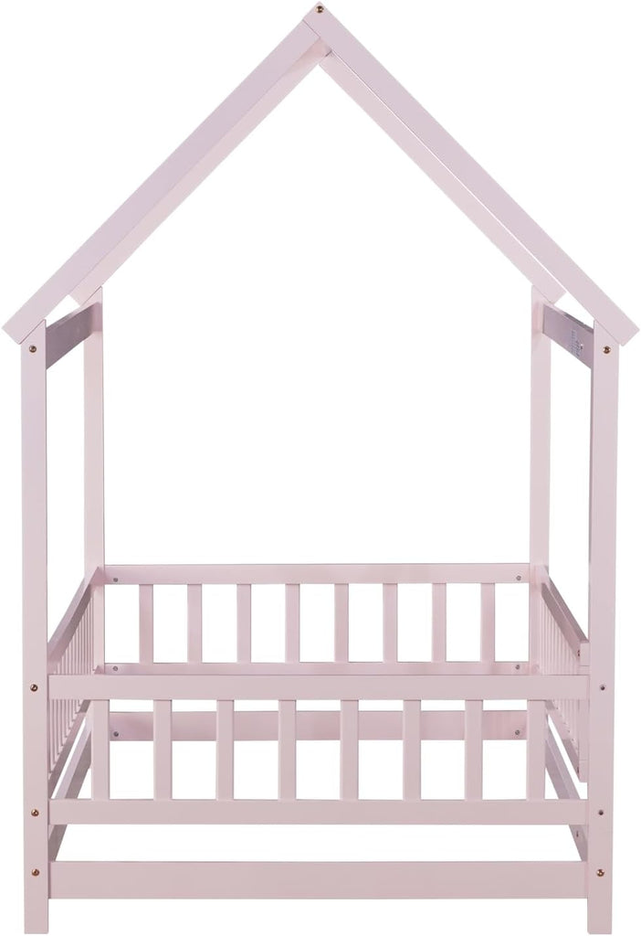 Montessori Floor Bed, White Wooden Canopy Bed, Pink