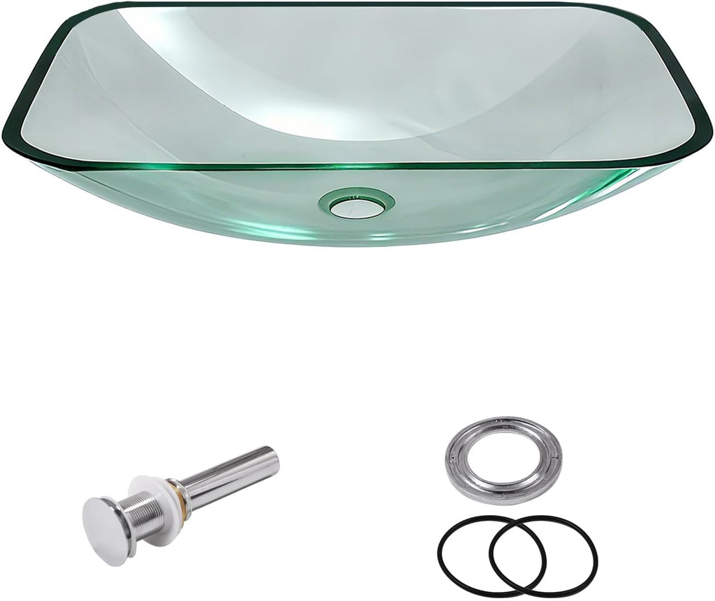 Sarlai Bathroom Vessel Sink Tempered Glass Bowl Vessel Sink with Pop-up Drain Combo 20-1/4 x 14-1/2 Inch Transparent