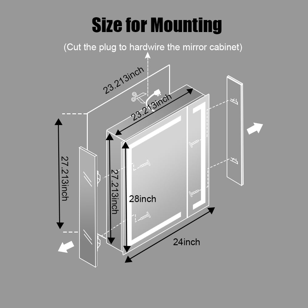 LED Medicine Cabinet, Bathroom Mirror Cabinet with Lights, 24×28inch, Equip with Internal Light, Aluminum