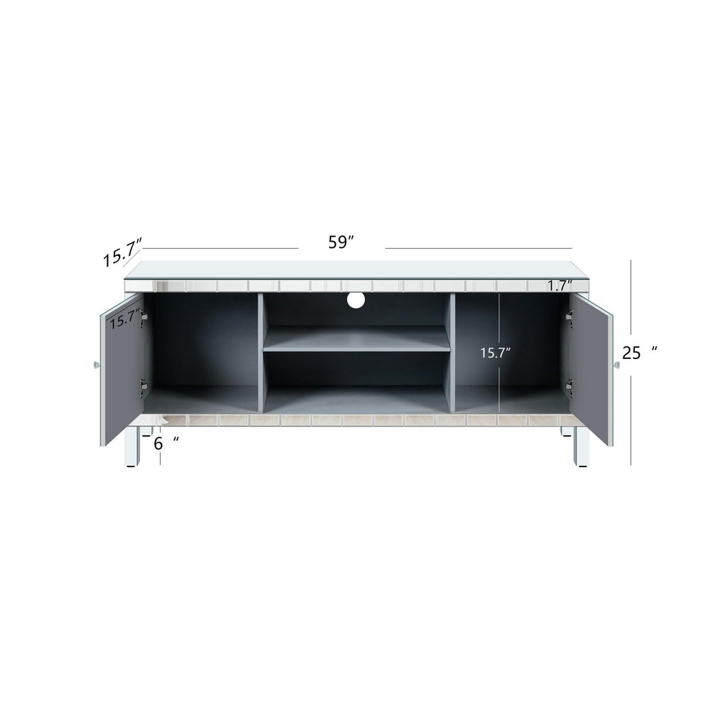 Mirrored TV Stand with Open Storage & 2 Cabinets, for 65+ Inch TV