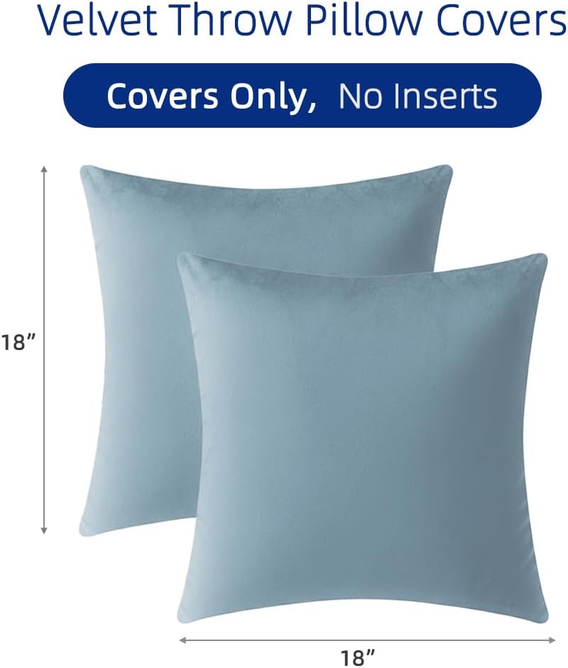 Light Blue Velvet Throw Pillow Covers 18x18 Inch Set of 2 | Covers Only,Ultra-Soft,Hidden Zipper,Easy Care,Decorative