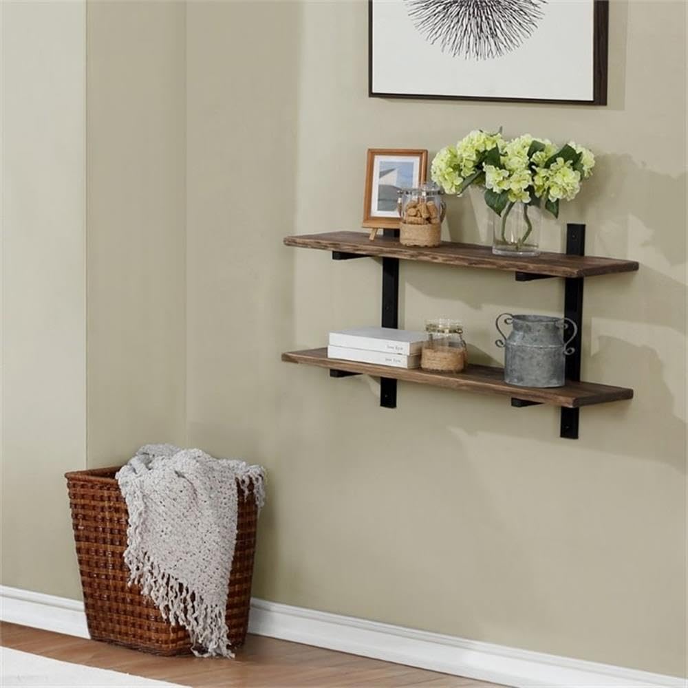 Pomona 36 in. Wide Metal and Solid Birch Wood Wall Shelf, Brown, Rustic Industrial Modern Farmhouse Home Decor