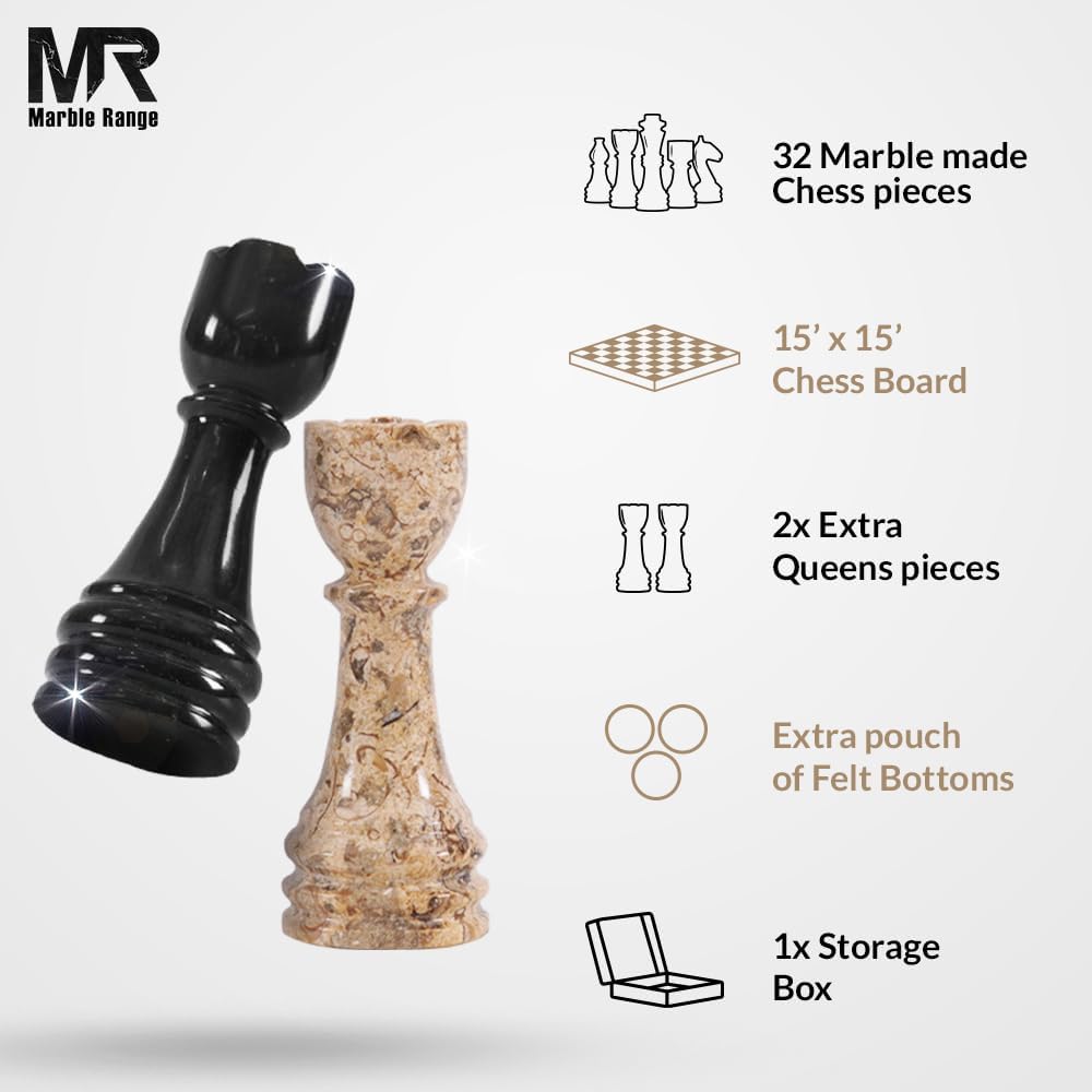 Marble Chess Set 15 Inch Black and Coral Handmade Board Game with Storage Box, Classic Travel Chess Set for Adults