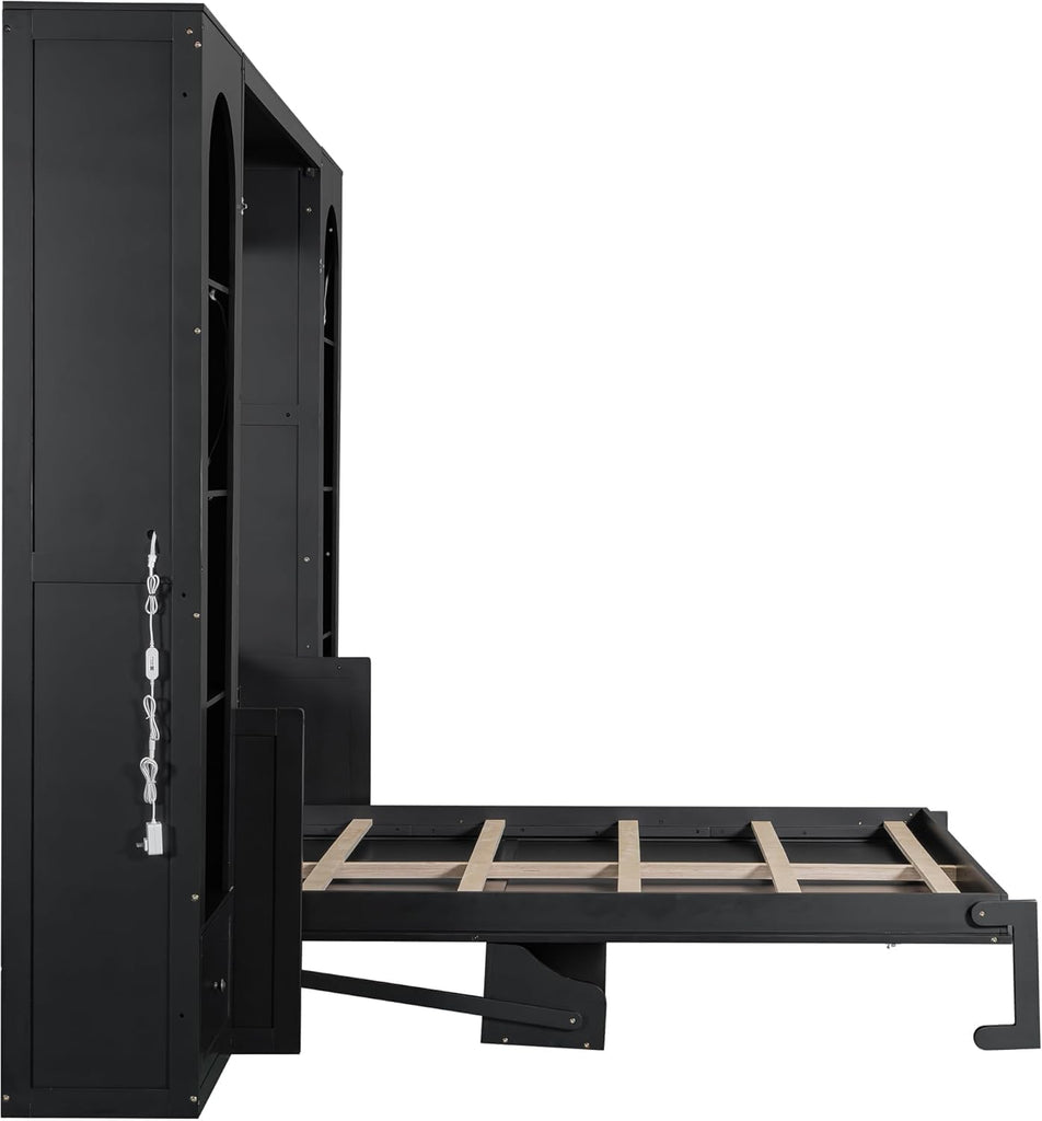 Queen Murphy Bed with Desk and Storage Bookcase & LED Light, Solid Wood Murphy Wall Bed with Storage Shelves and