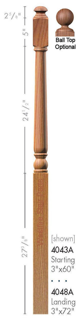 SP-4043A Poplar 3 inch X 60 inch Colonial Starting Newel Post with 5" face.