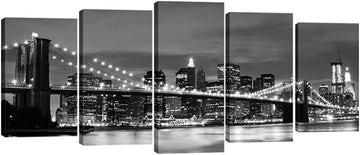 New York Brooklyn Bridge Canvas Wall Art Night View 5 Panels Modern Landscape Artwork Canvas Prints Abstract Pictures