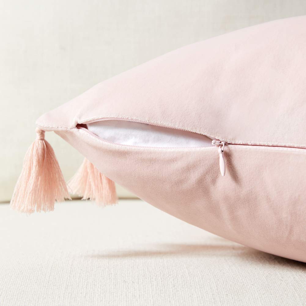 Pack of 2 Cute Decorative Throw Pillow Covers with Handmade Tassels, Soft Velvet Peach Solid Square Cushion Case Set