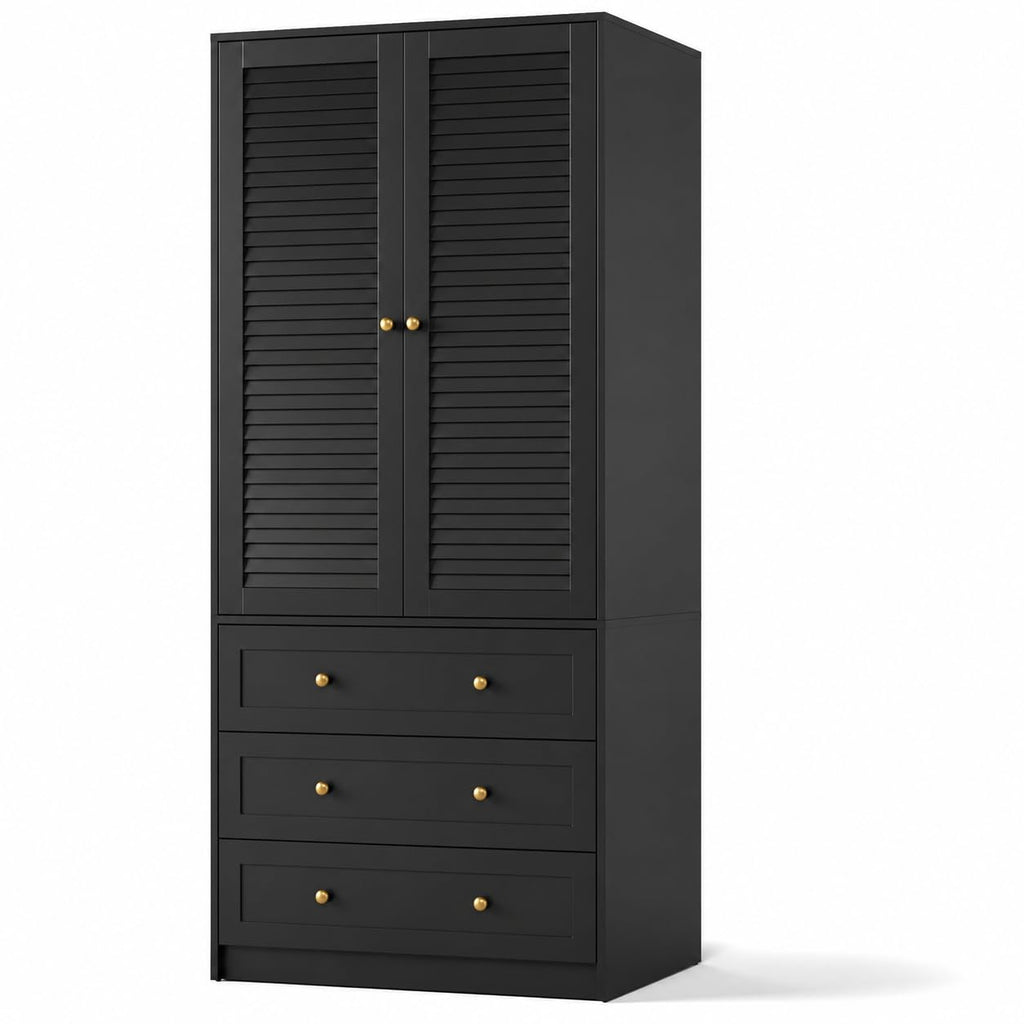 70" Wardrobe Armoire Wooden Closet with 3 Drawers, Black