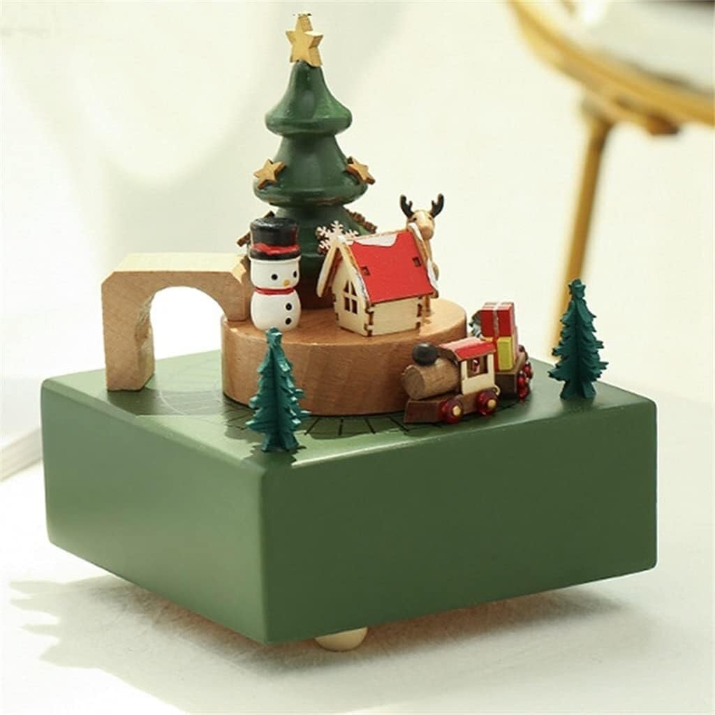 Wooden Christmas Carousel Music Box - Retro Square Design, Clockwork Swivel, "Merry Christmas" Tune, 15x11x11cm
