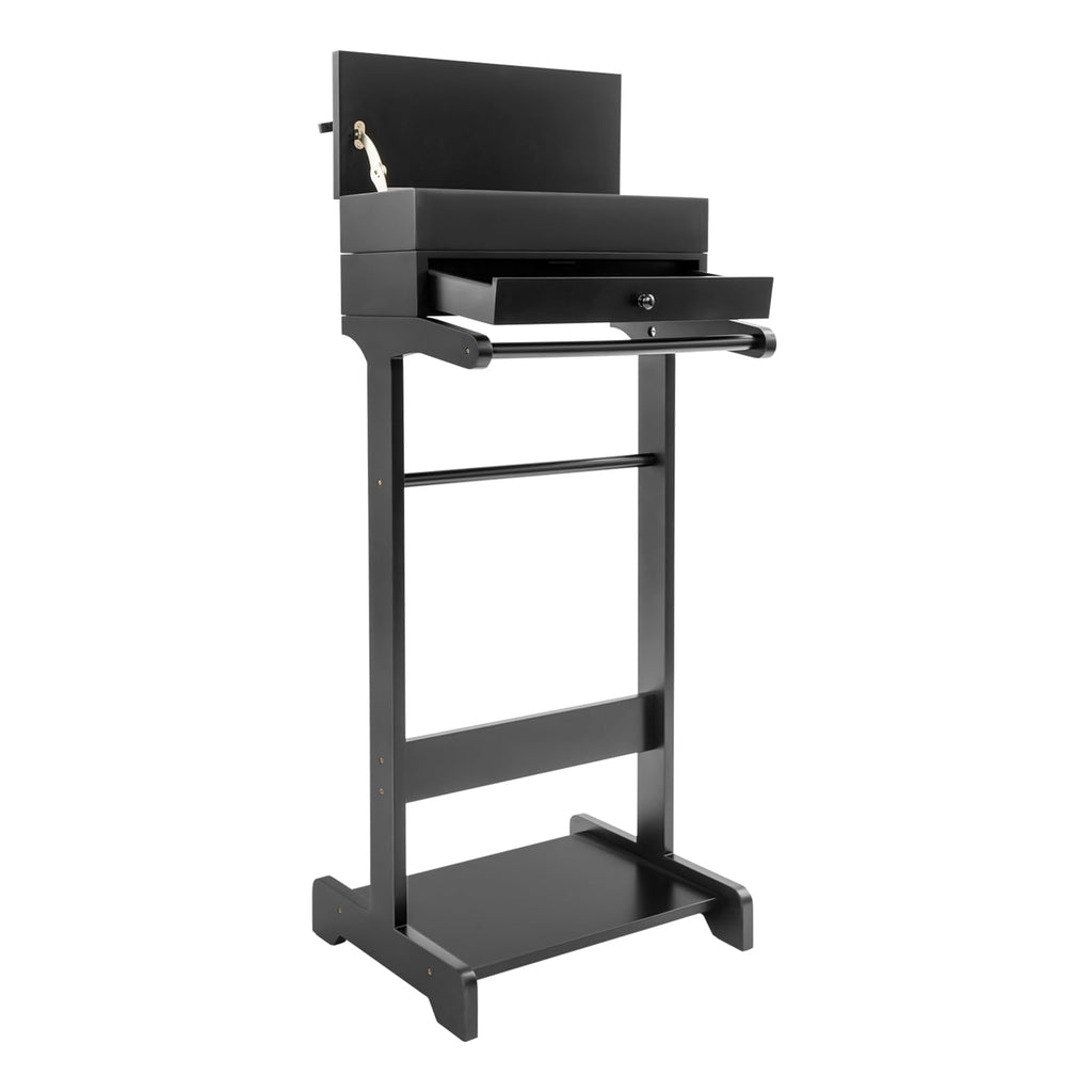 Valet Stand with Drawer and Top Tray, Wood Mens Suit Valet Stand with Wood Base, Freestanding Clothes Valet Stand