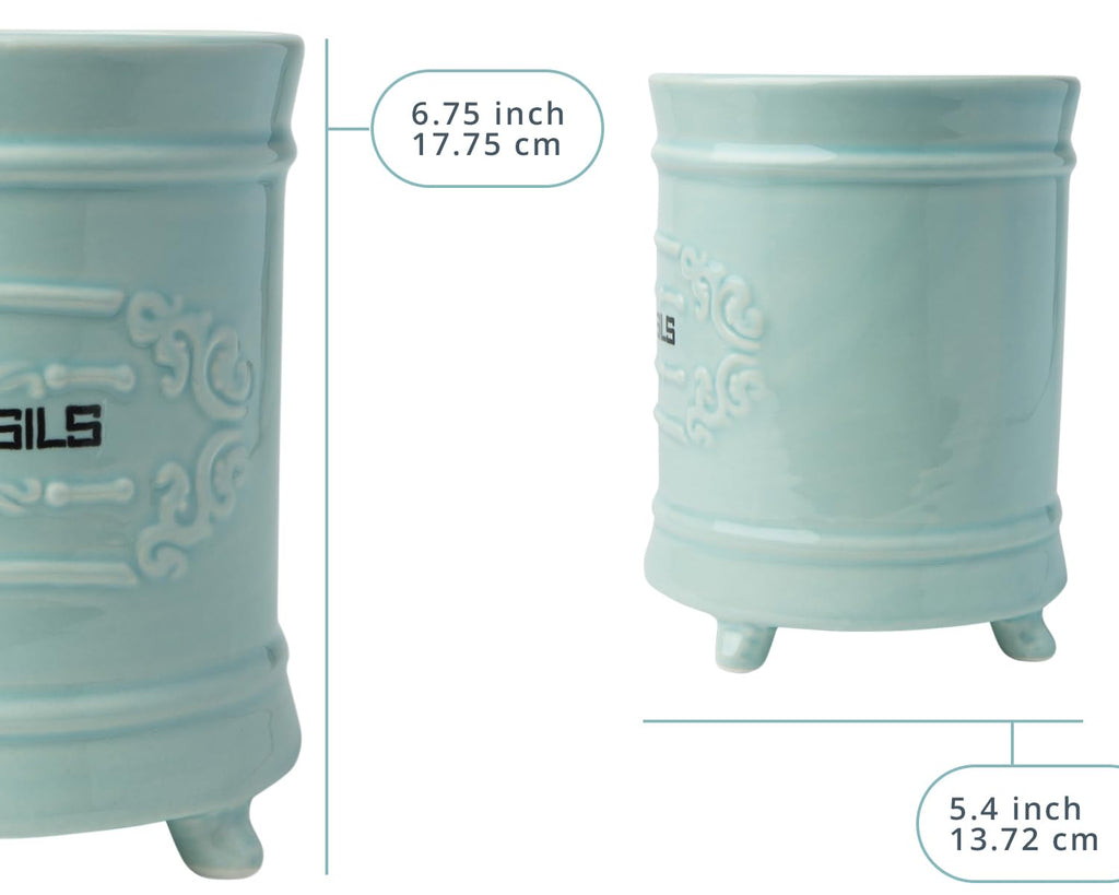 French Blue Ceramic Utensil Crock - French Country - Scroll Feet