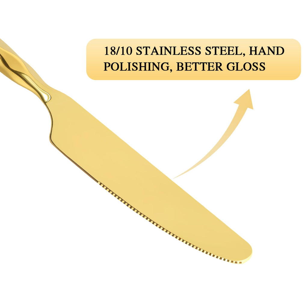 Gold Silverware Set 18/10 Stainless Steel Spiral-shaped Flatware Set, 20-Piece Hand Forged Mirror Finish Cutlery