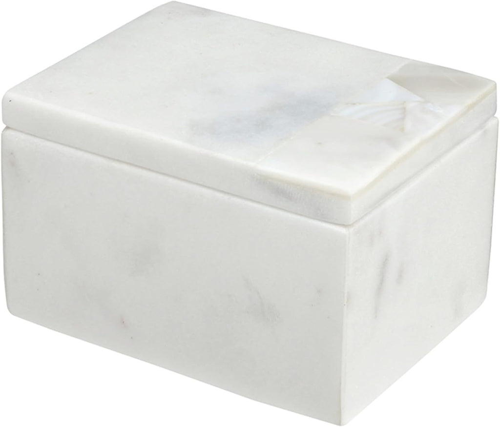 Keepsake Box with Lid - Handcrafted Marble with Mother of Pearl Inlay, 4" Long x 3" Wide x 2.5" Tall, White Grey