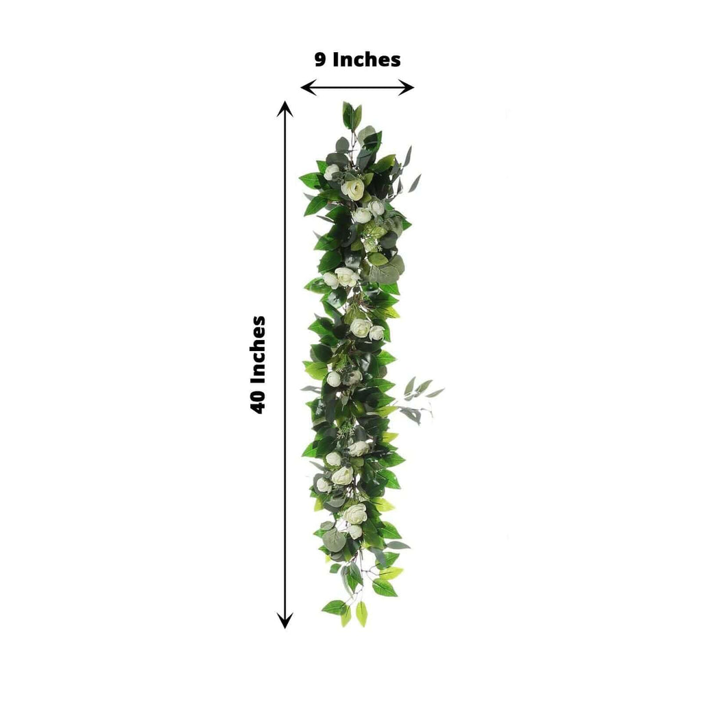 4ft Real Touch Eucalyptus and Willow Leaf Garland with Silk Ranunculus Flowers, Lush Faux Floral Runner for Intimate