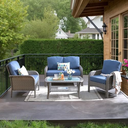 4-Piece Wicker Outdoor Patio Furniture Set - Conversation | Denim Blue All-Weather Resistant for Patio, Garden & Porch
