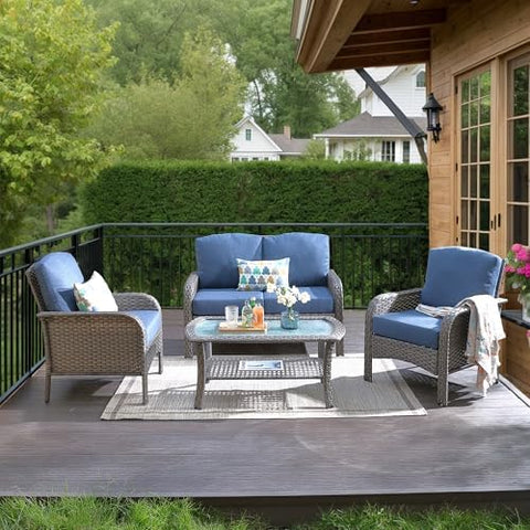4-Piece Wicker Outdoor Patio Furniture Set - Conversation | Denim Blue All-Weather Resistant for Patio, Garden & Porch