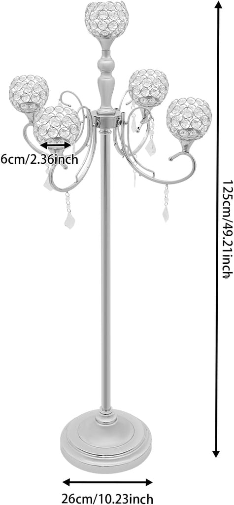 5 Arm Crystal Candelabra Centerpiece,49.2in Tall Floor Candelabra with Crystal Candle Holder Bowl,Silver Centerpiece