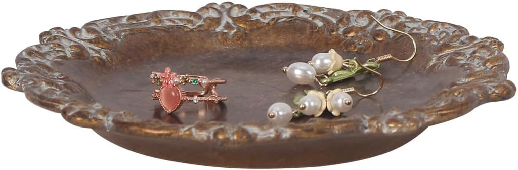 Vintage Tray Small Antique Trinket Dish, Round, Ring Holder with Twisted Flower Surrounding, Cosmetics Makeup Storage