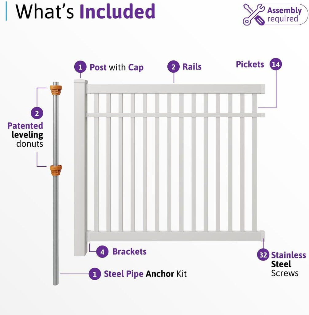 Windsor Pool Fence, White Vinyl No Dig DIY Kit | 5ft H x 6ft W, 1 Panel x 1 Post, BL19107