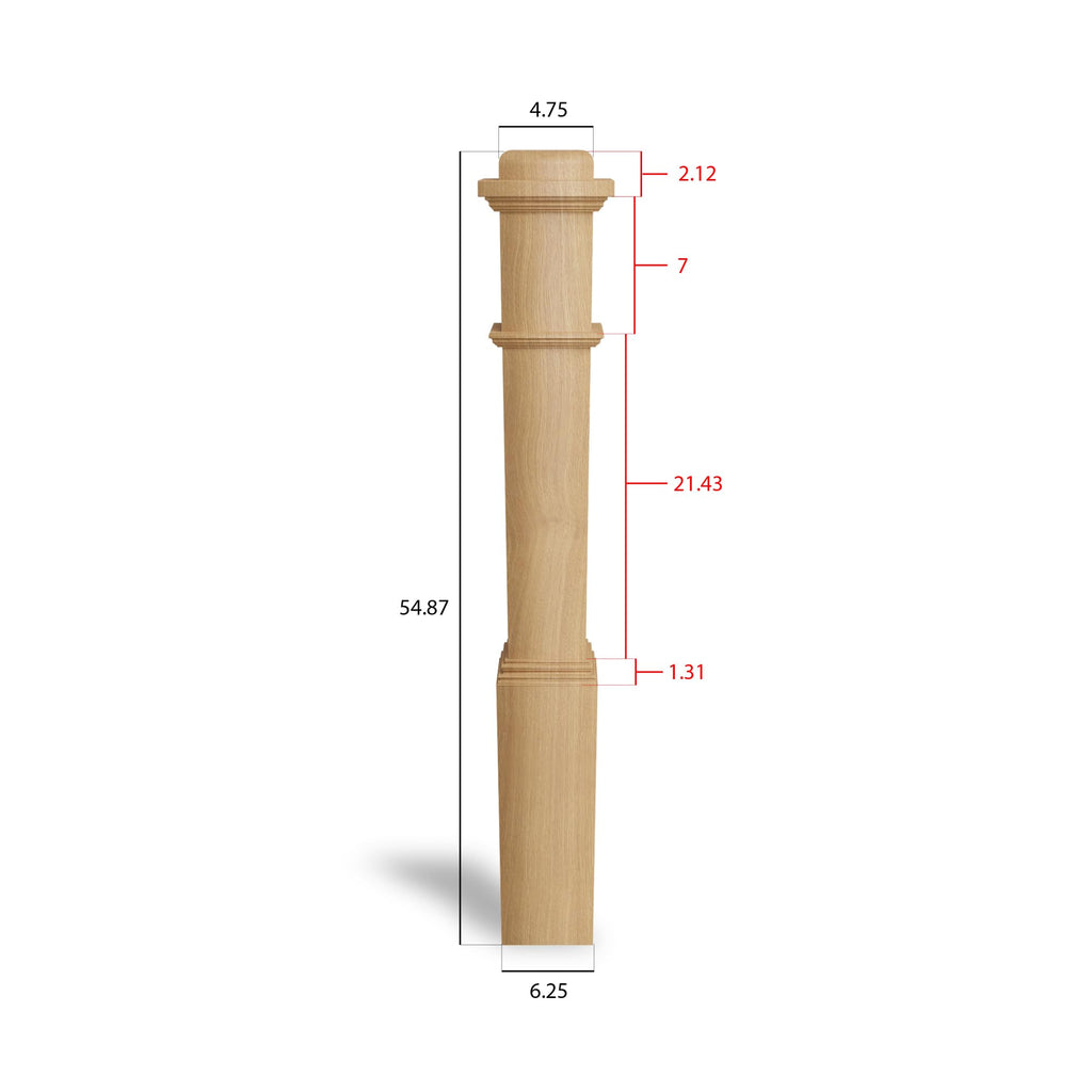 White Oak Box Newel Post 6.25" x 54.8", Hollow Box Newel Wood Balusters for Staircase Interior, Square Design, 3⁄4"