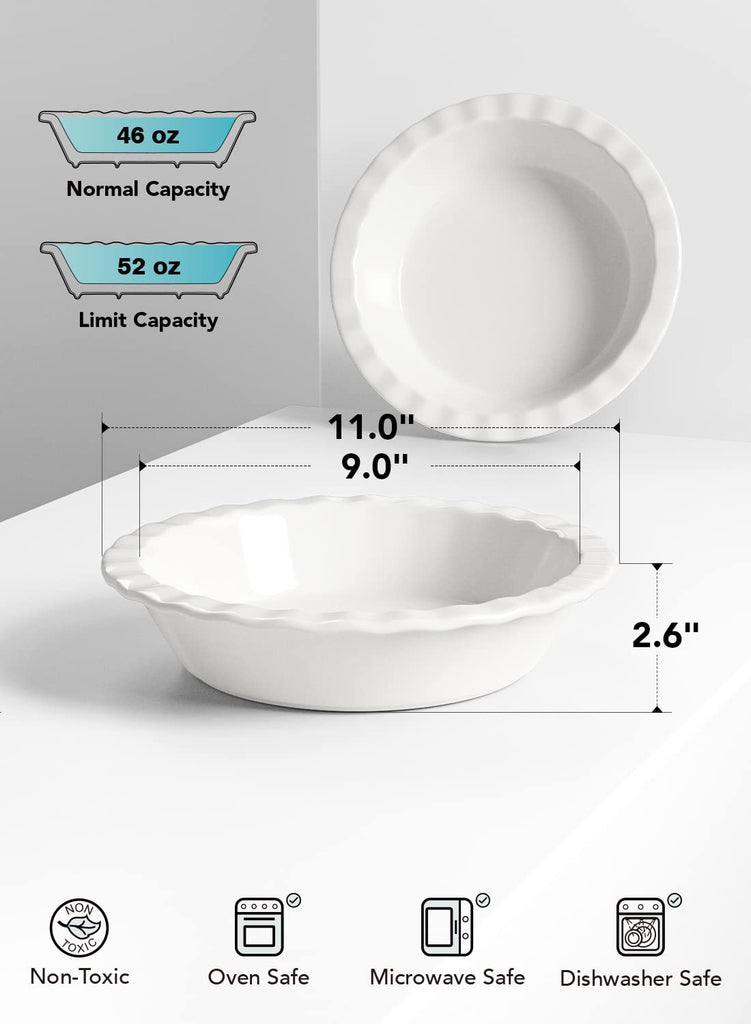Ceramic Pie Pans for Baking, 9 inch, 52 ounce, Set of 2, White