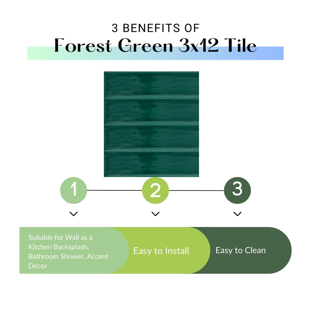 Montevista Dark Green Forest 3x12 Ceramic Handmade Wall Tile Glossy Backsplash, Bathroom Shower, Accent Decor