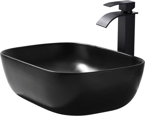 Black Vessel Sink Rectangle, 18"x13" Above Counter Porcelain Ceramic Bathroom Vessel Sink With Faucet and Drain Combo