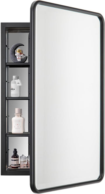 17 x 27 Recessed Medicine Cabinet with Mirror, Surface Mount Black Medicine Cabinet , Stepless Adjustable Shelves