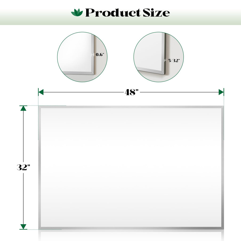 Frameless Bathroom Beveled Wall Mirror, 48"x32" Large Wall Mirror