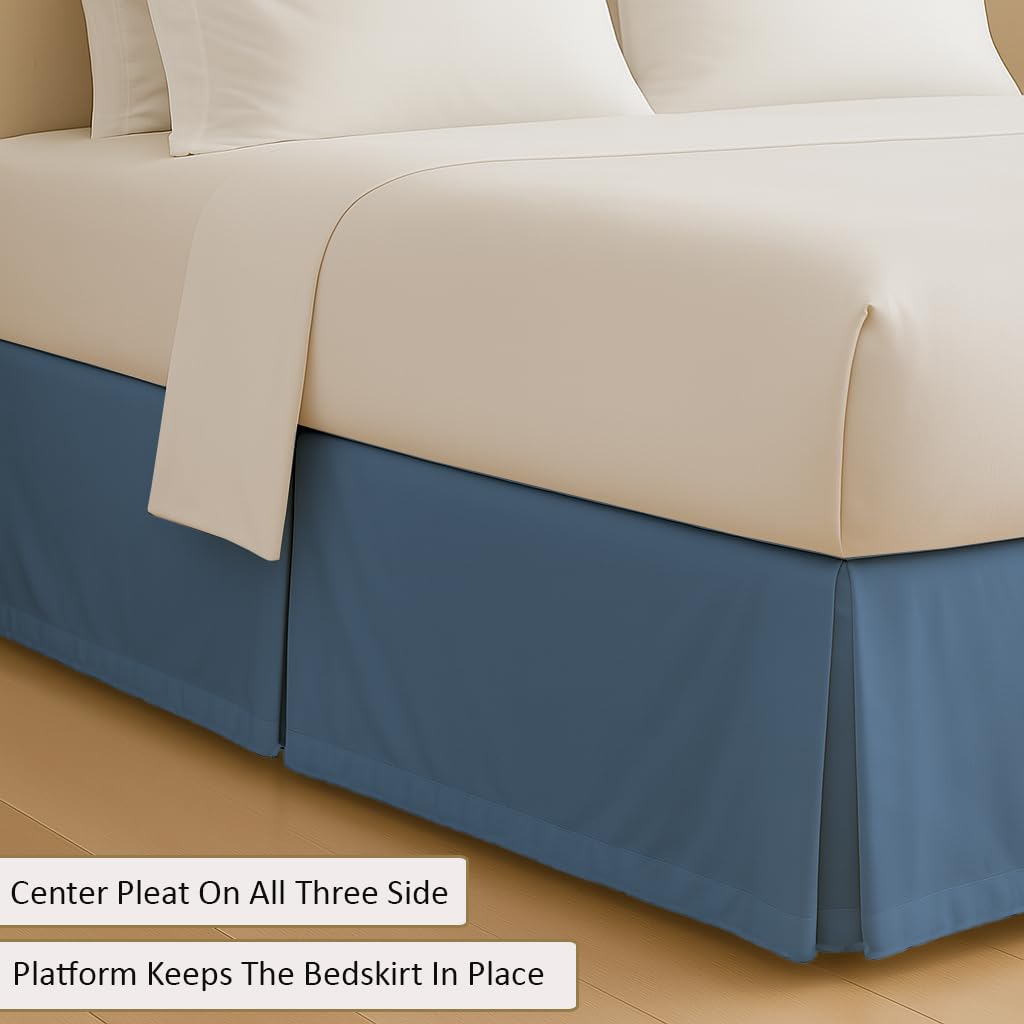 Split Corner Bed Skirt Twin 18 Inch Drop - 100% Microfiber - Platform Style, Lake Blue Solid, 3-Sided Pleated