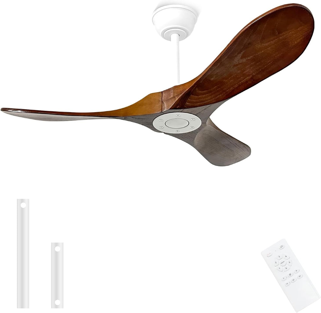 42 Inch Solid Wood Ceiling Fan with Remote, White, No Light, 6-Speed Reversible DC Motor, Indoor/Outdoor