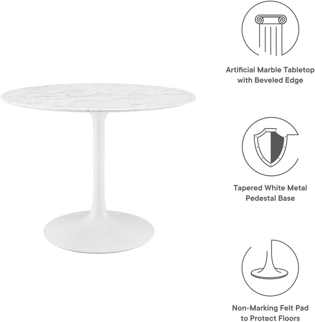 Inspired Saarinen Style Tulip Round Pedestal Dining Table — White Base / Artificial Marble Top, 40″ Round