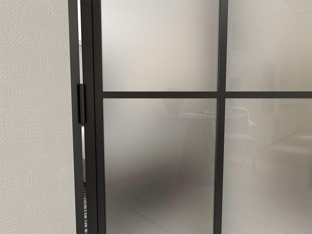 36 in. x 84 in. 6 Lite Frost Glass Black Steel Frame Prehung Interior Door with Door Handle