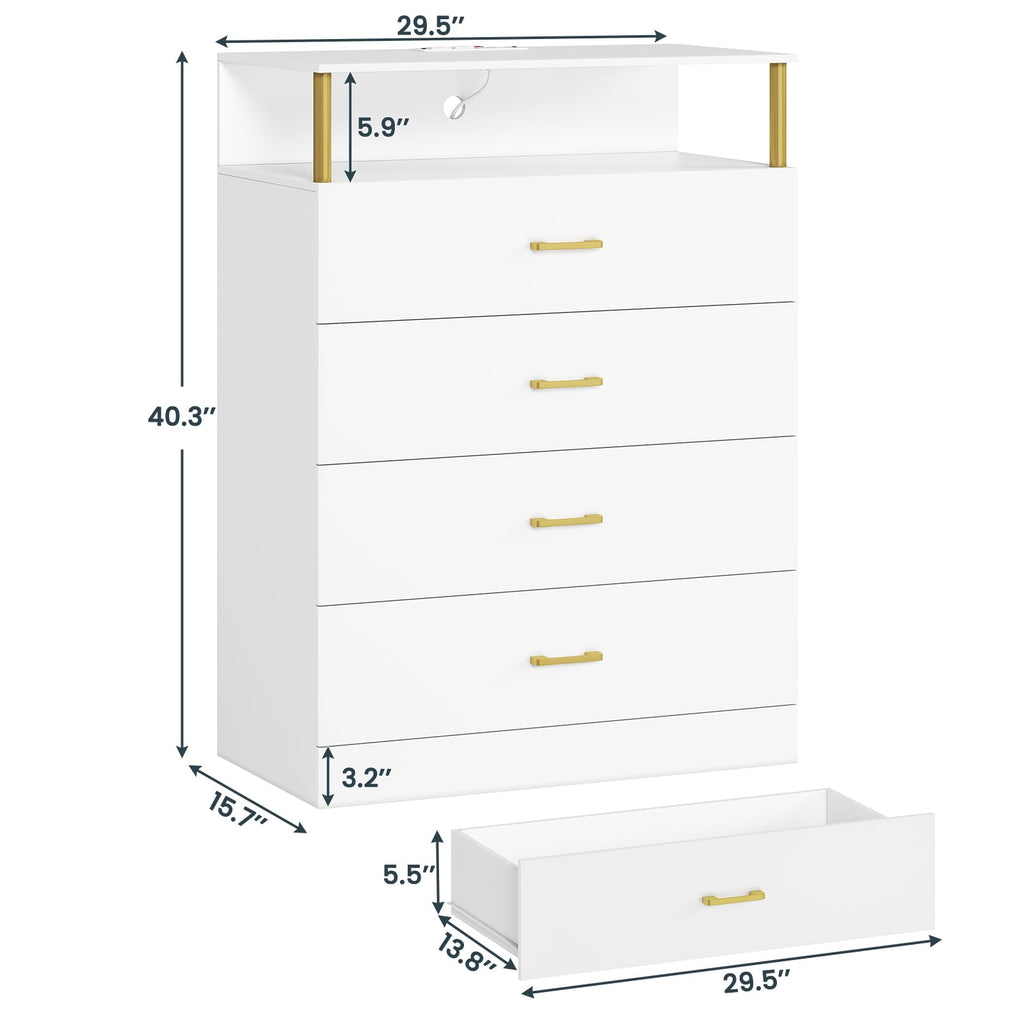 White with Column Design, 4 Drawer with Charging Station, Modern Bedroom Led Tall Closet
