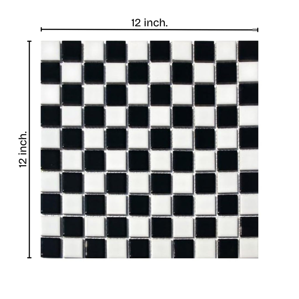 Black and White Checkerboard 1x1 Porcelain Mosaic Tile - Exact 1-1/16 in Chips, Shiny Gloss Finish Floor, Kitchen