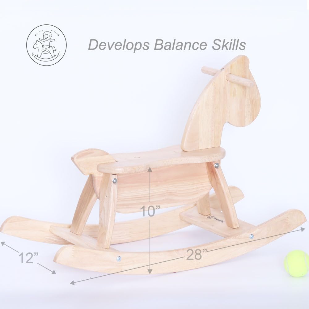 Natural Wooden Rocking Horse Funny for Toddlers (Ages 2-4) - Solid Rubber Wood, Smooth Surface for Creative
