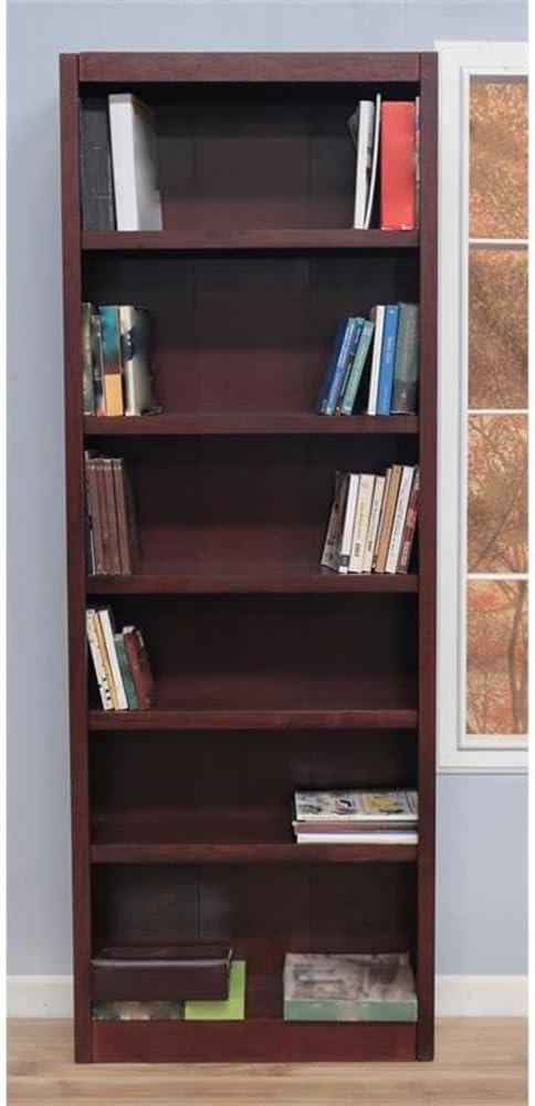Traditional 84" Tall 6-Bookshelf Wood Bookcase, Cherry Finish, Solid Wood Veneer and Molding, Adjustable and Fixed